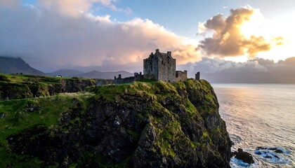 Obraz premium Majestic castle atop cliff at sunset