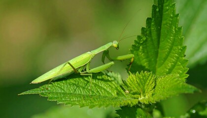 Green mantis on a vibrant leaf