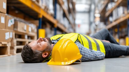 Male worker in a warehouse lying on the floor. Safety concept for work accident, injury, or heat stroke in industrial setting.