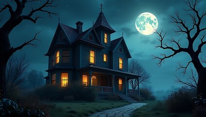 Fototapeta premium Eerie victorian mansion bathed in moonlight on a spooky halloween night