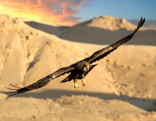 Golden eagle soaring over desert mountains at sunset