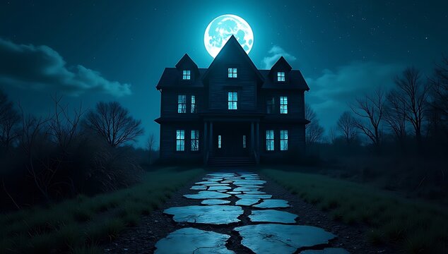 Eerie victorian mansion under a full moon on a spooky night - Powered by Adobe