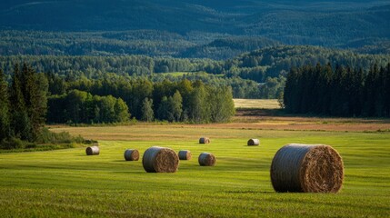 Hay bales in field, forest background