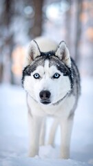 Naklejka premium Husky in snowy forest