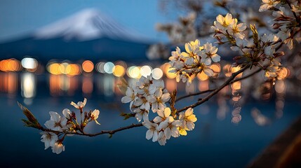 Evening cherry blossoms, city lights bokeh