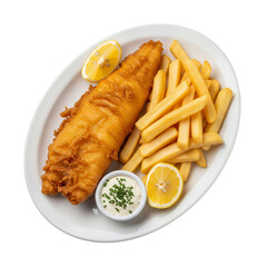 A classic serving of battered fish and chips, complete with a side of tartar sauce and lemon wedges, presented on a white oval plate.