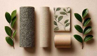 Elegant fabric rolls and green leaves