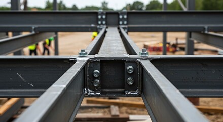 A complex steel beam connection with detailed welds and bolts, showcasing structural integrity. Concept of structural engineering and metal fabrication