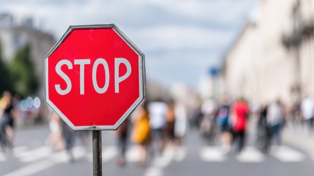 Stop Sign On Busy City Street With Blurred Pedestrians. Urban Traffic Control And Safety