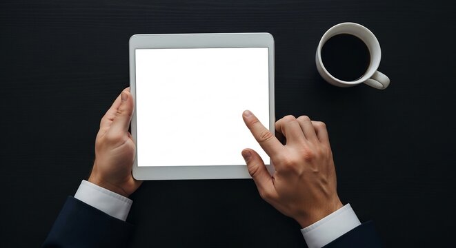 Businessman hands tapping digital tablet screen on black desk with coffee cup, modern technology work concept.