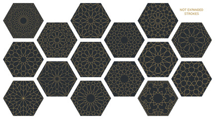 Set of 15 seamless geometric hexagon base patterns in authentic arabian style.