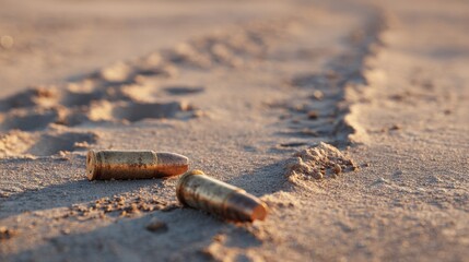 Two Bullet Casings On Sandy Ground At Sunset. Symbol Of Conflict And Aftermath