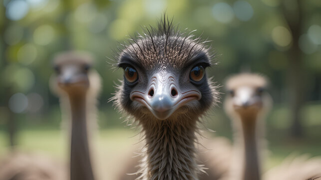 Close-up of emu with others blurred in background.