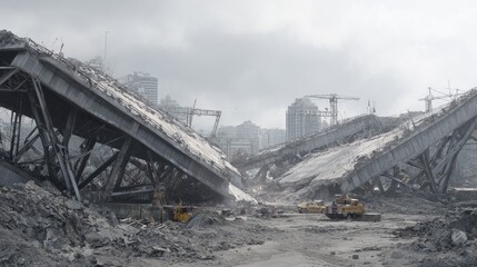 Collapsed Urban Bridge Amidst Rubble And Construction Cranes. Urban Disaster And Reconstruction Scene