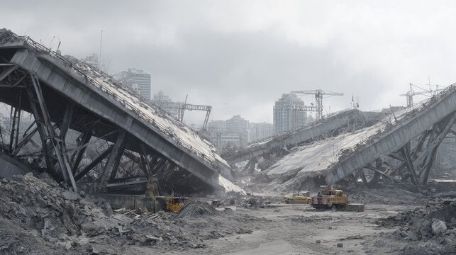 Collapsed Urban Bridge Amidst Rubble And Construction Cranes. Urban Disaster And Reconstruction Scene