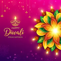 Happy diwali greeting with diya and floral decoration on purple background