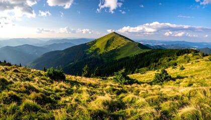 Fototapeta premium Lush mountain meadow stretches towards a peaked summit, bathed in golden sunlight, showcasing a panoramic vista of rolling hills and distant mountain ranges.