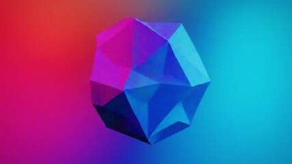 Dynamic 3D animation of a rotating low-poly geometric shape with constantly shifting vibrant colors against a smooth gradient background. - Powered by Adobe