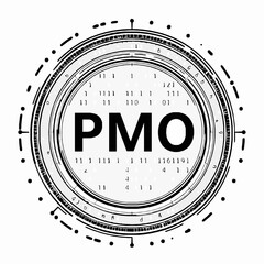 PMO text within a layered circular graphic with digital elements and numbers letters