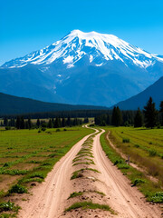 Fototapeta premium unimproved road and dirt way covered by green plants in agricultural field with magnificent grand mountain (uludag) background and huge snow remains on peak of the mountain and blue sky background