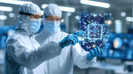 Obraz premium Two scientists in sterile cleanroom suits are examining glowing microchip in high tech laboratory, showcasing their focus and dedication to innovation and technology