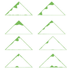 Green triangular audio spectrum visualizer icons, abstract sound waveforms in triangle shapes, minimal music reactive PNG elements with transparent background for video editing and motion design proje