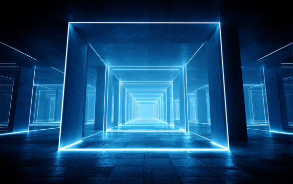 Futuristic blue-lit corridor with multiple rectangular frames