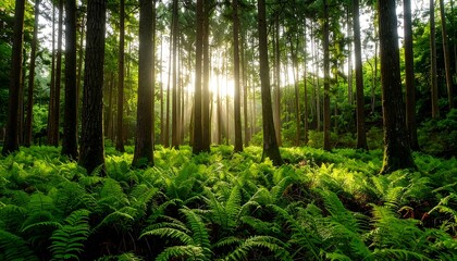 Sunlight streams through a lush fern forest