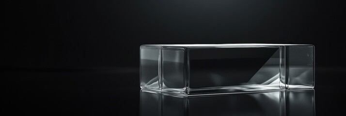 Transparent rectangular block on a dark reflective surface showcasing minimalist design and elegant simplicity in a studio setting
