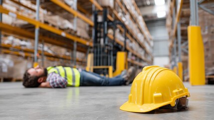 Man lying on a warehouse floor with a hard hat in foreground. Workplace accident concept for occupational safety and health.