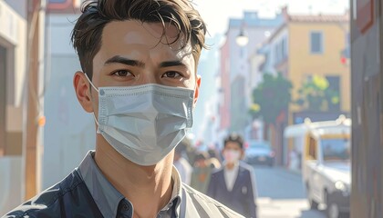 A young man, light-skinned and handsome, gazes directly at the camera, wearing a light-blue face mask in a city street scene.