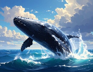 Fototapeta premium A magnificent humpback whale leaps gracefully out of the ocean, showcasing its powerful form against a vibrant backdrop of clouds and water.