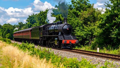 Obraz premium Vintage Steam Train Chugging Through Lush Green Landscape