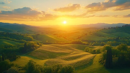 Golden sunrise over rolling hills