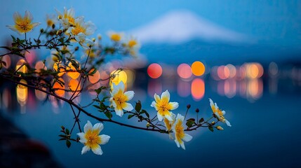 Evening blossoms near city lights