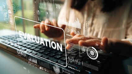 Hands Typing on Keyboard with Digital Evaluation Graphics and Data Analysis Visualization Overlay for Business Insights. Asymptotic smart data analytic.
