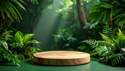 Wooden podium in lush green jungle setting