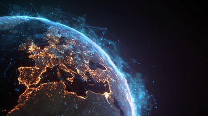 Obraz premium Global network connections illuminate Earth at night, showing worldwide digital transformation and data flow.