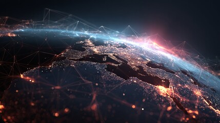 Global network connections light up the planet at night, symbolizing worldwide communication and data flow.