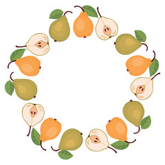Autumn harvest frame with pears. Ripe fruits, whole and halves with seeds. Round border with cartoon object with copy space. Botanical composition on white background. Vector design in flat colors.