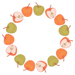 Autumn harvest frame with apples. Ripe fruits, whole and halves with seeds. Round border with cartoon objects on white background. Botanical composition with copy space. Vector design in flat colors.