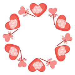 Valentine's Day frame with box of chocolates and lollipop. Cartoon border with heart-shaped objects. Red and pink colors on white background. Romantic composition with copy space. Vector design.