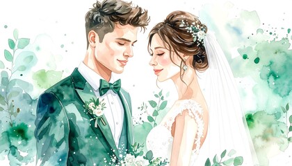 Watercolor portrait of a couple in wedding attire