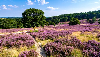 Panoramic view of a heath land with purple heather and a pathway