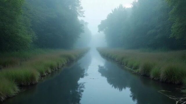 Tranquil waterway flowing through a misty forest setting