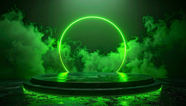 Green neon circle on a dark podium with smoke - Powered by Adobe
