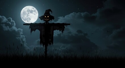 Eerie scarecrow presence in misty moonlit landscape.