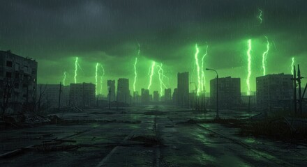 Radioactive rainfall soaking ruined urban environment.