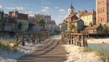 Wooden boardwalk leads to quaint coastal town