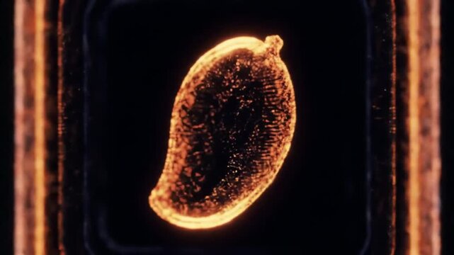 Dynamic Glowing Mango Symbol Animation in a Futuristic Particle Tunnel